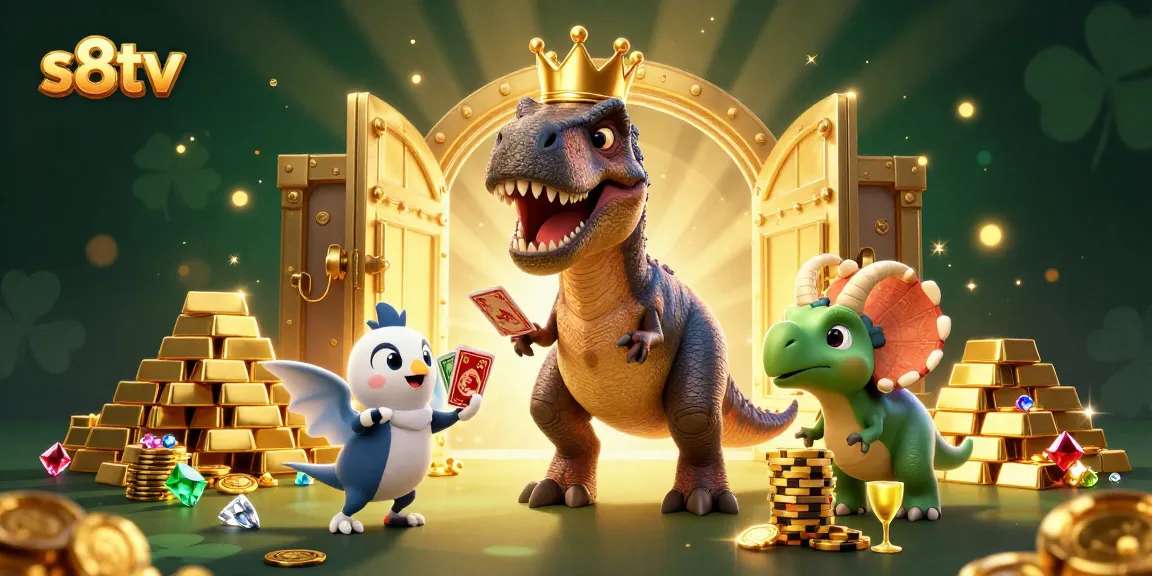 S8TV showcases a vibrant casino scene with a cartoon T-Rex shuffling cards and a Triceratops stacking chips.
