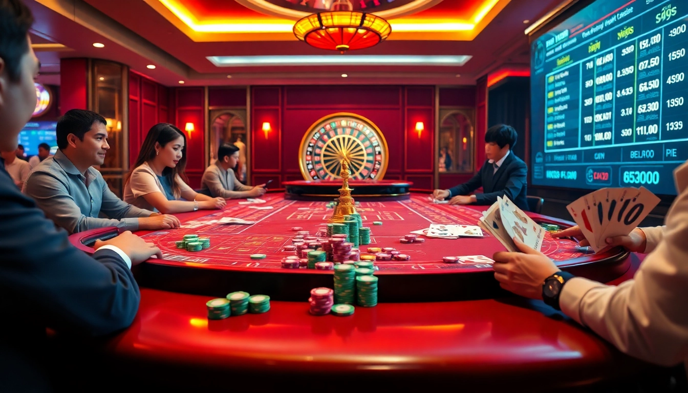 Players excitedly engaging in tài xỉu at Luckywin, showcasing a vibrant casino atmosphere.