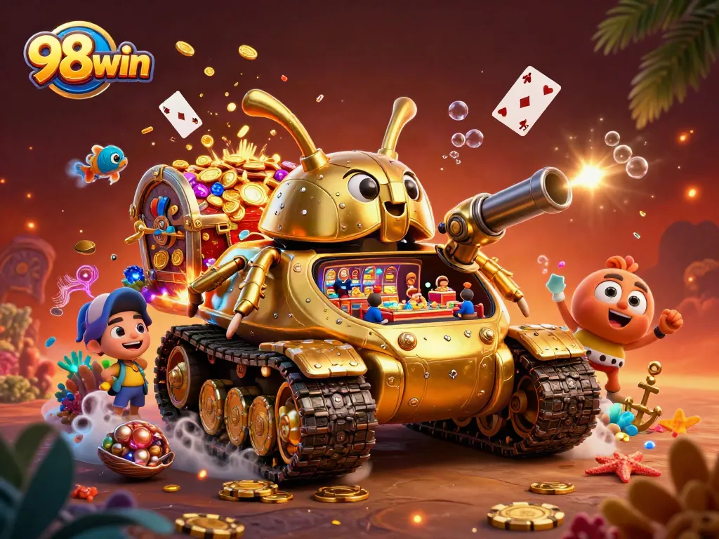 98win brings excitement with a 3D casino illustration featuring a golden beetle tank and dynamic gameplay elements.