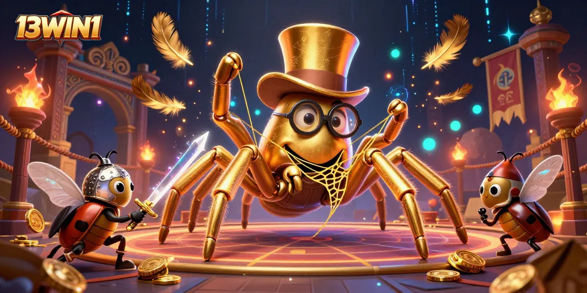 Engage with the dynamic world of 13WIN1 featuring a symbol of strategy, a golden tarantula weaving a web among casino elements.