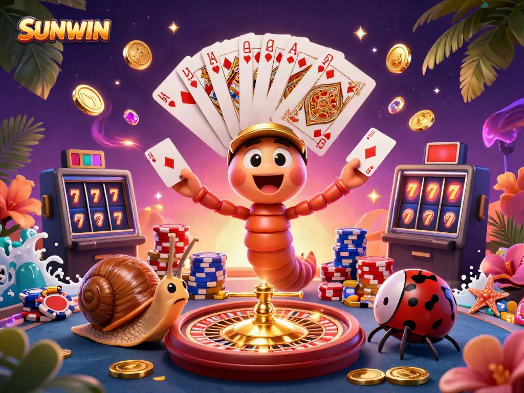SUNWIN promotes thrilling gameplay with an energetic dealer, high-rolling snail, and festive casino elements.