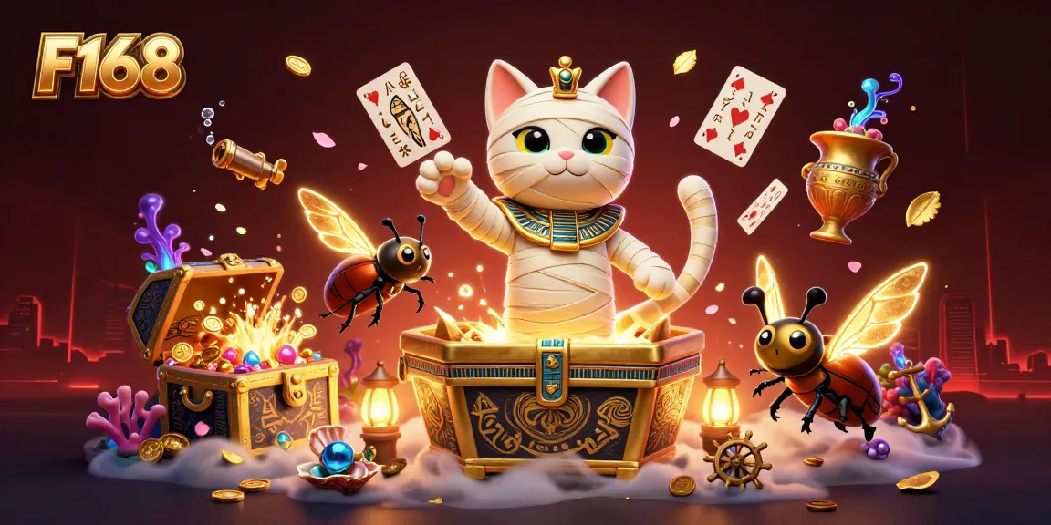 Experience the thrill of F168 gaming with a vibrant 3D casino illustration featuring unique characters and symbols.