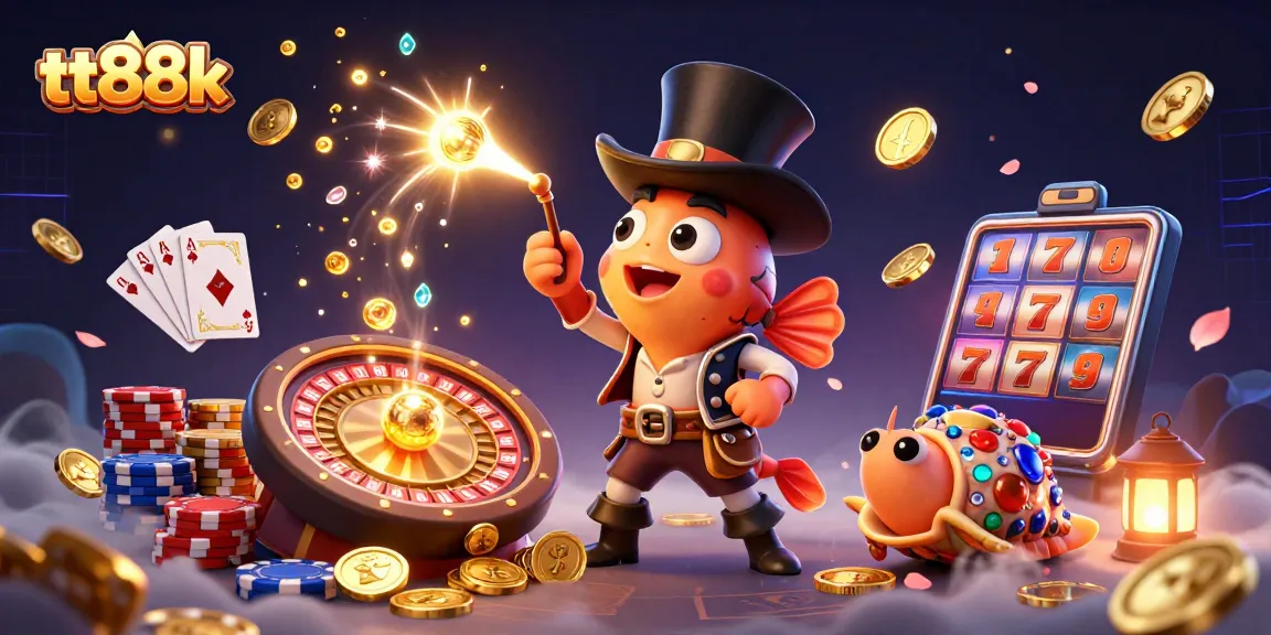 Spin the reels with tt88k as glowing treasures and playful characters create an exciting casino atmosphere.