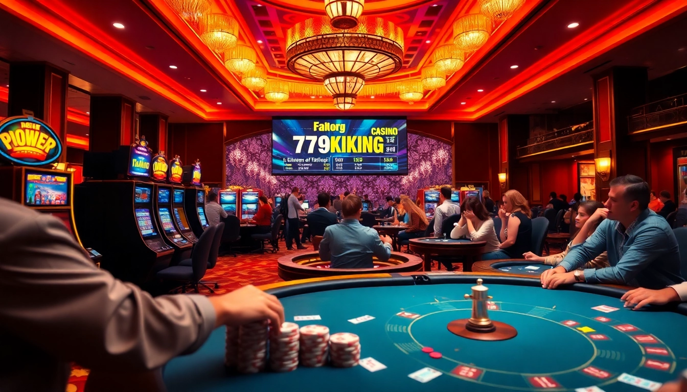 Players enjoying games at 79KING casino with vibrant slot machines and poker tables.