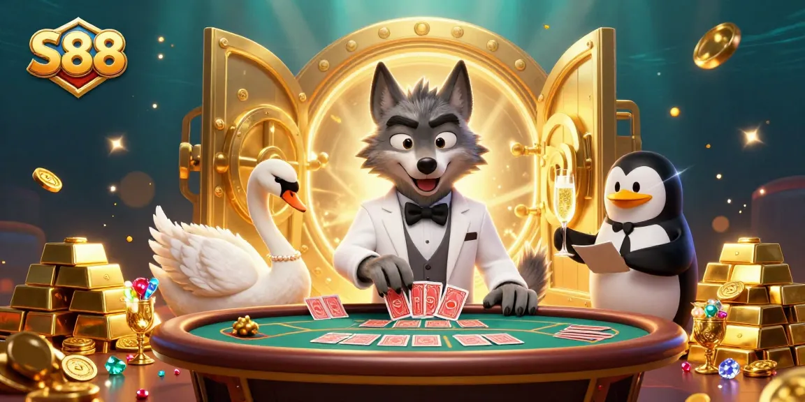 S88 brings excitement to gaming with a debonair wolf, elegant swan, and sophisticated penguin amidst treasures.