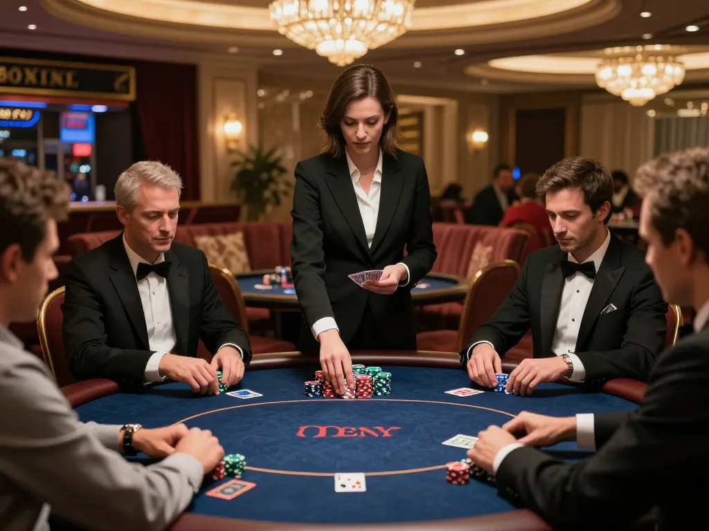 Players strategizing at a fun79 poker table amidst a luxurious casino environment.