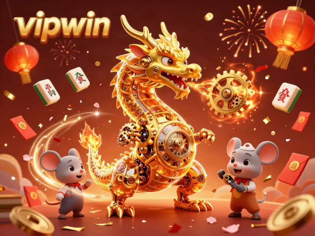 Experience thrilling gameplay excitement at vipwin with a dynamic dragon and festive elements.