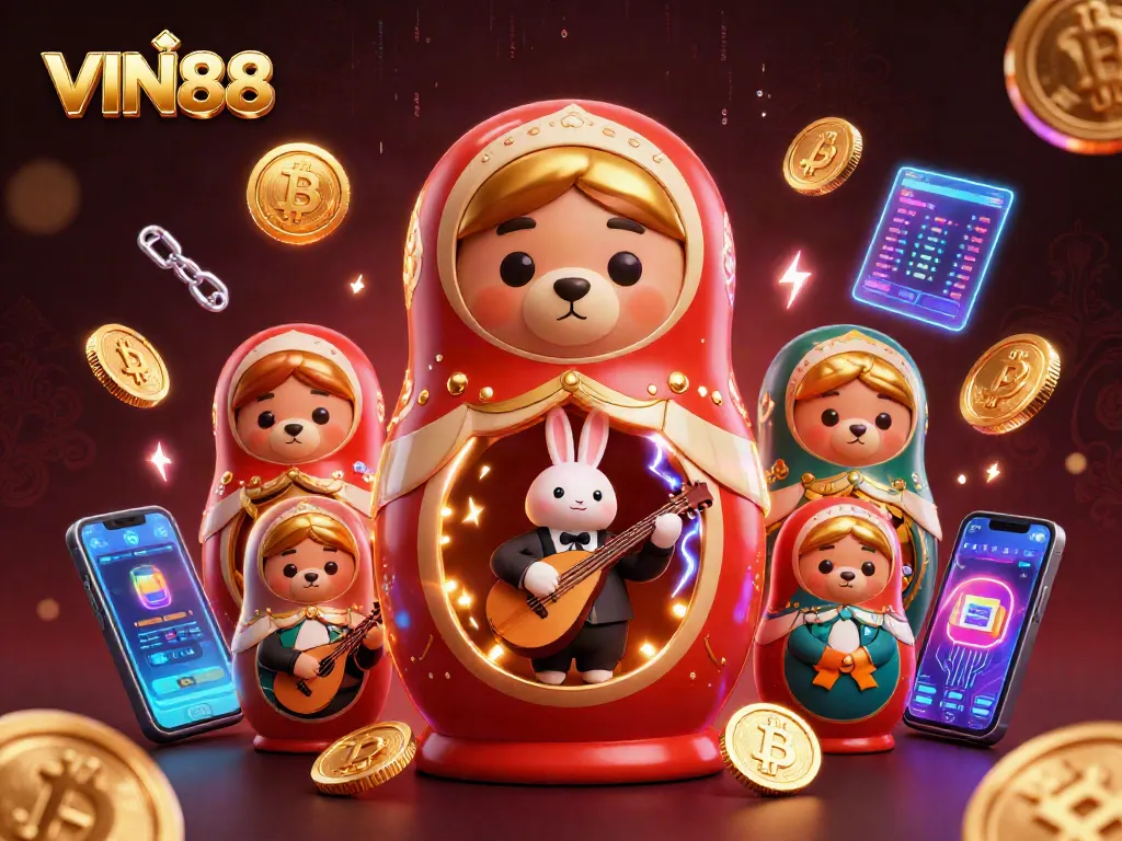 Experience thrilling gaming at VIN88 with 3D cartoon bears in an action-packed casino scene.