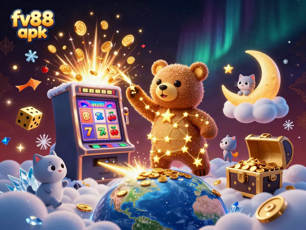 Experience exciting gaming with fv88 apk featuring a vibrant visual of slot machines and cosmic companions.