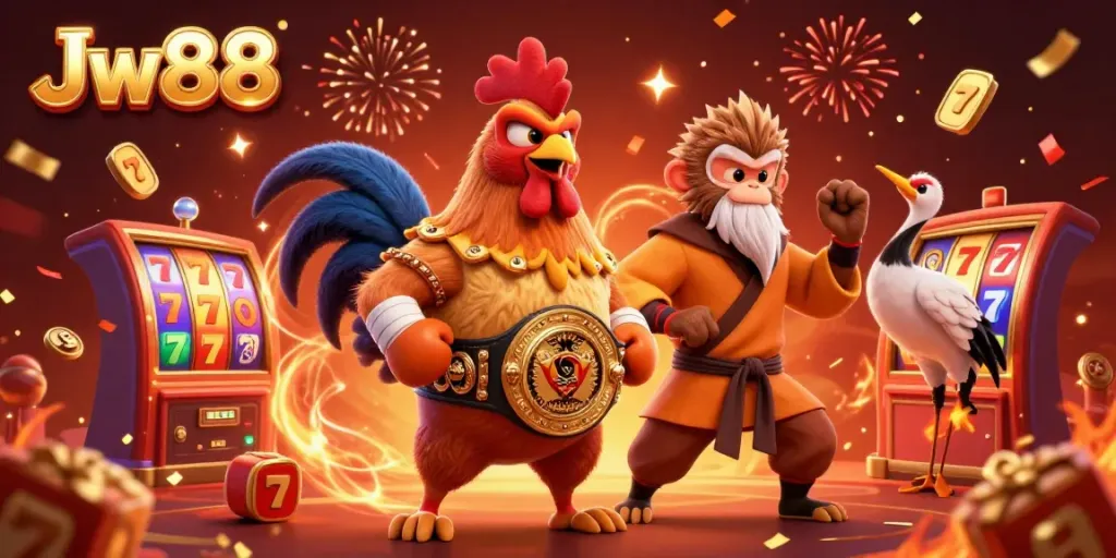 Engage with Jw88's vibrant casino scene featuring a fighting rooster, monkey, and crane amid golden slot reels.