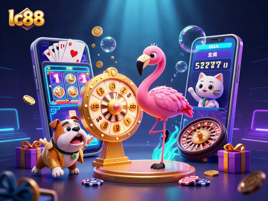 Engage in thrilling gameplay with lc88 as a flamingo host, bulldog contestant, and cat assistant present vibrant casino fun.