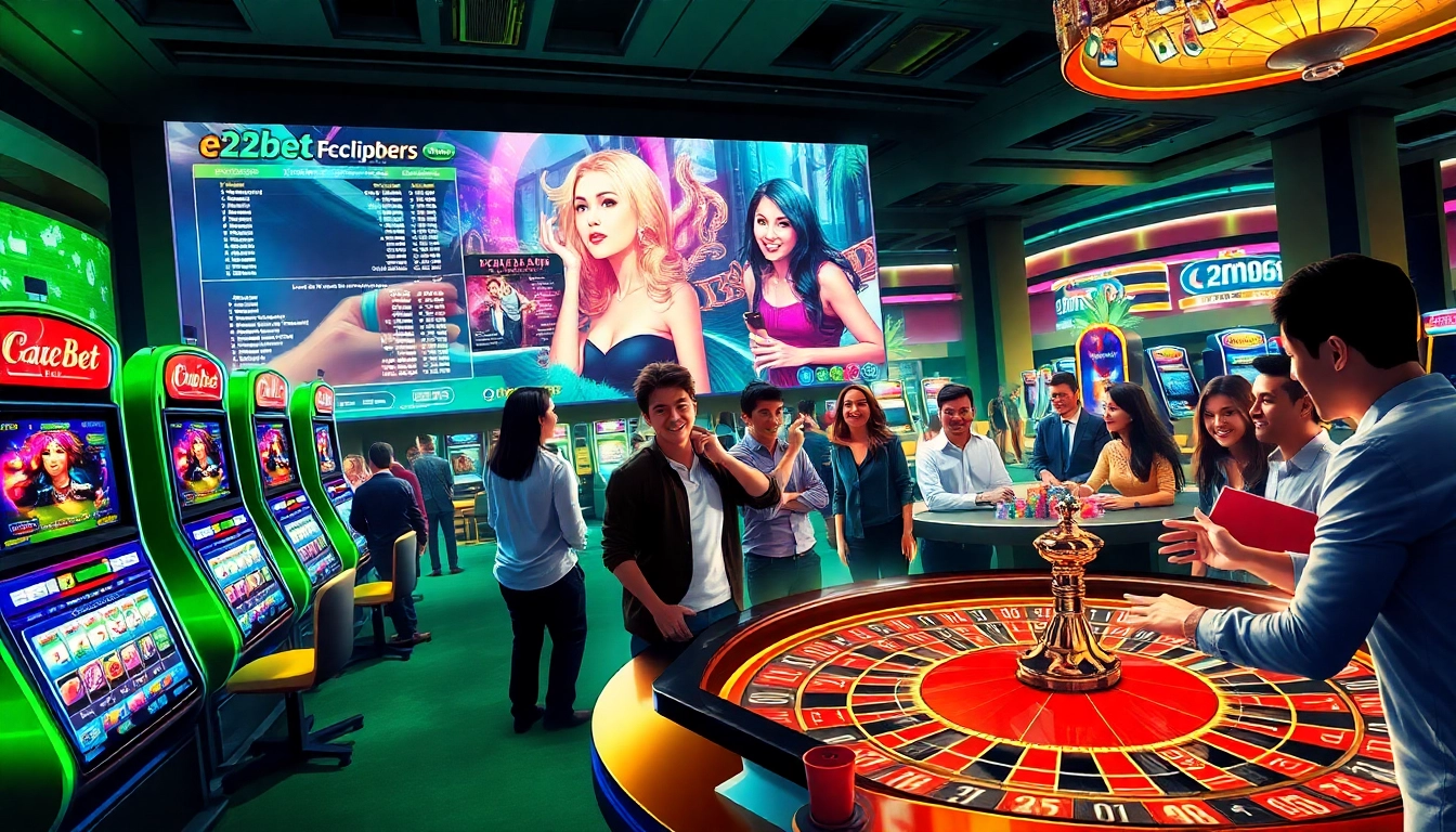 E2bet online gaming experience with players at a luxurious casino showcasing slot machines and roulette.