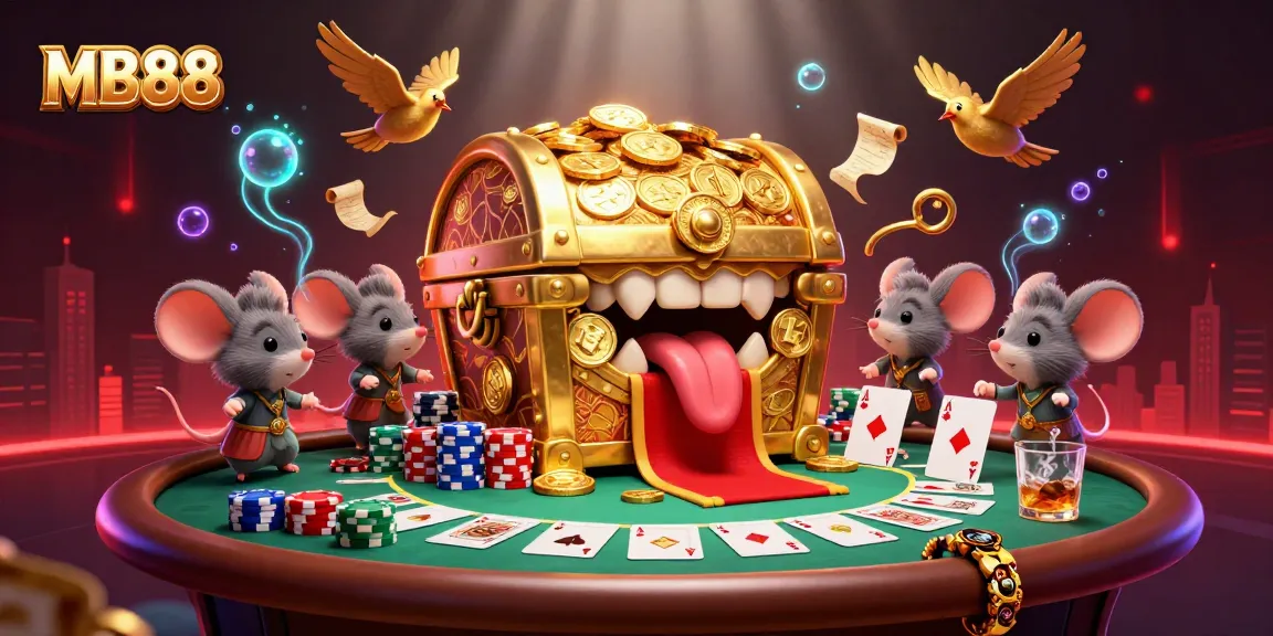 Engage with MB88's thrilling casino adventure featuring vibrant poker elements and treasure characters.