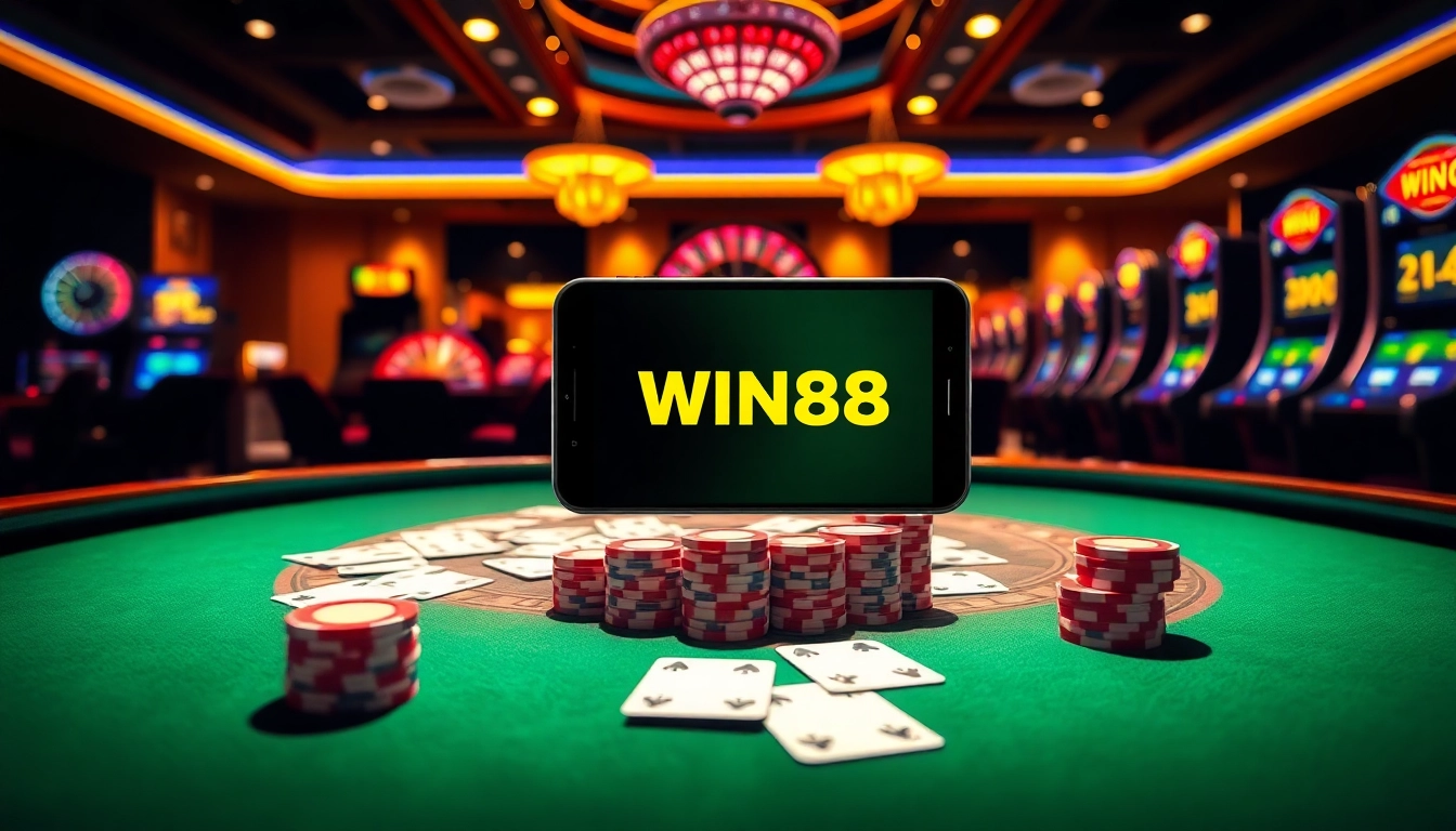 Engage with the WIN88 APP showcasing vibrant casino games and poker excitement.