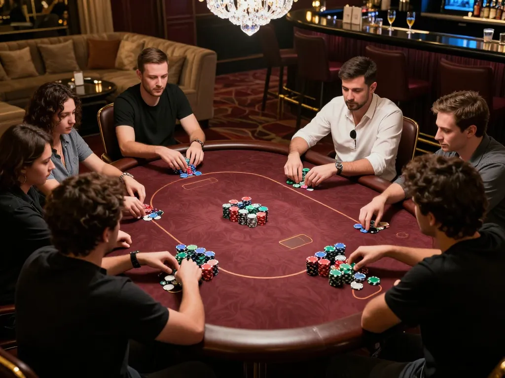 Players engaging in a high-stakes poker game with a focus on strategy at a luxurious casino table, highlighting sc88