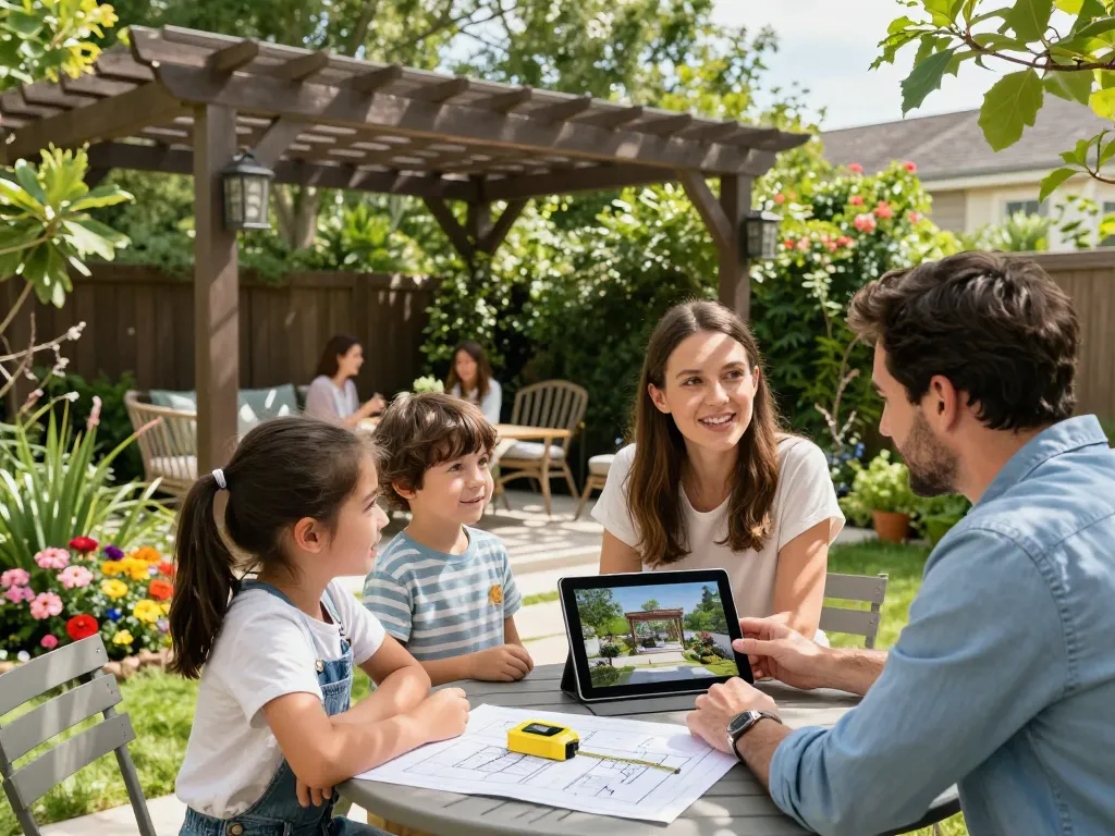 Family using Pergola Configurator Software to visualize their outdoor pergola in a vibrant garden setting.