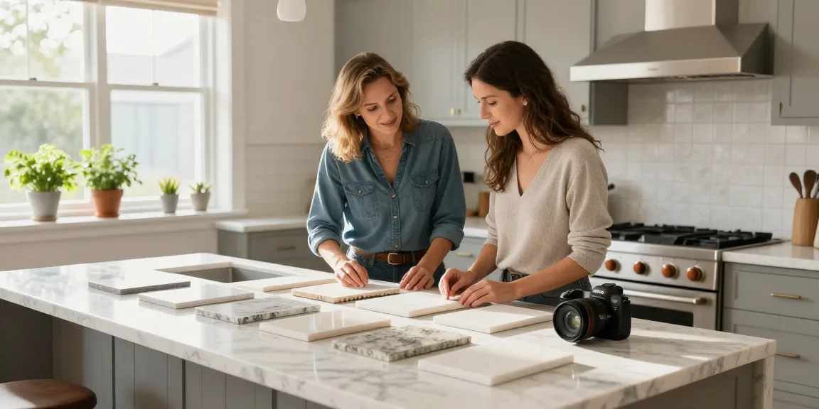 Quartz kitchen countertops Hamilton showcased during a design consultation in a stylish home.