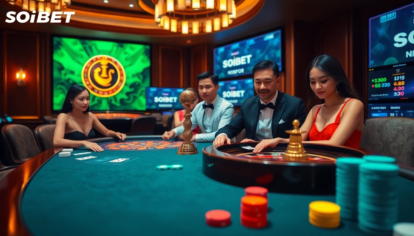 Experience thrilling gameplay at SOIBET's luxurious casino tables filled with poker chips and cards.