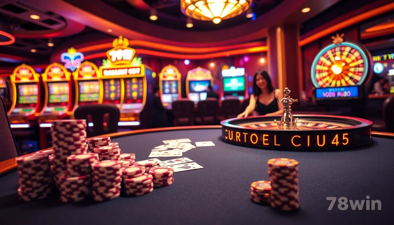 Experience thrilling gameplay at 78win okvip with vibrant casino visuals featuring poker chips and high-stakes excitement.