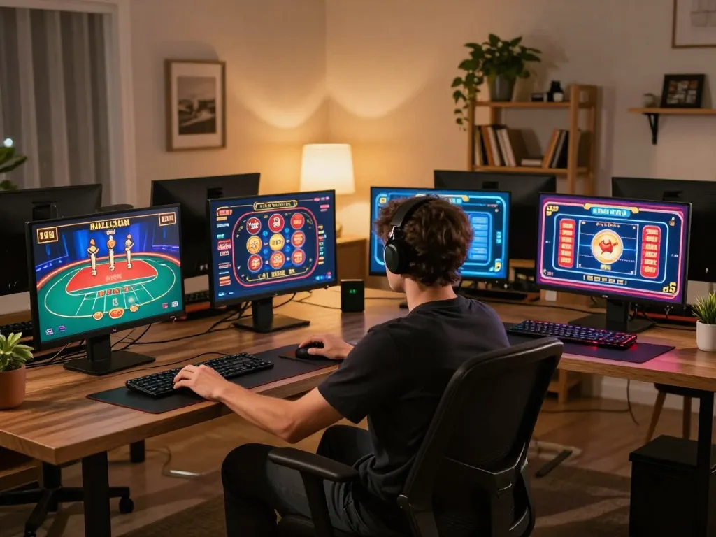 Playing engaging online casino games at https://top88pq.com/ from a stylish home office.