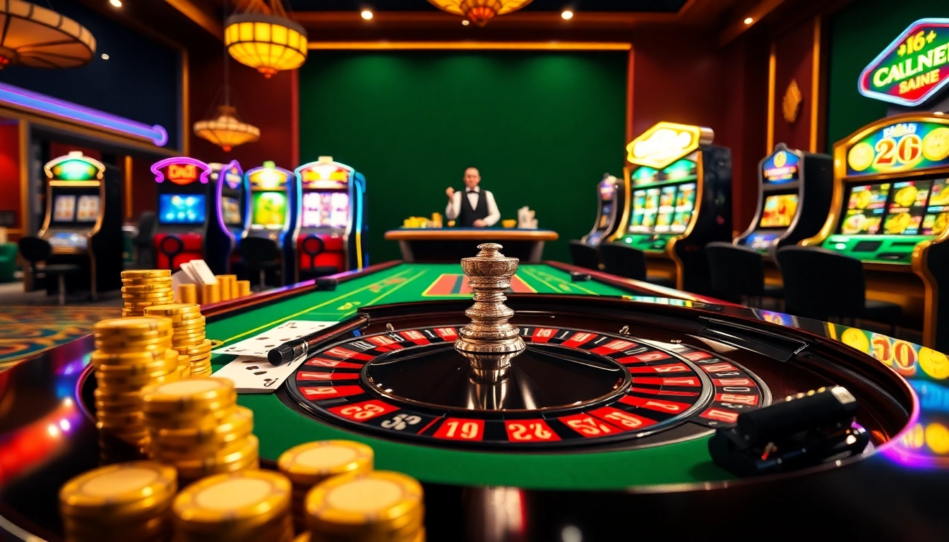 Experience the excitement of hz88 through a vibrant casino scene showcasing roulette and poker.