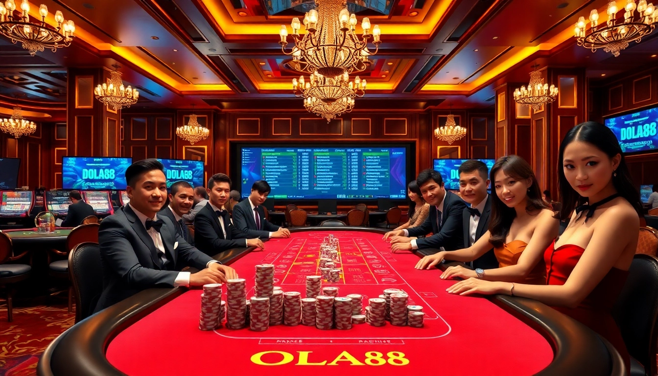 Exciting DOLA88 casino scene with players engaged at a branded poker table amidst luxury decor.