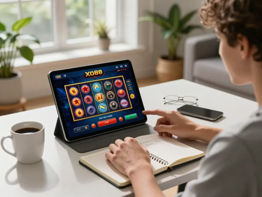 Xo88 player engaging with online casino app, emphasizing strategic gameplay in a bright home setting.