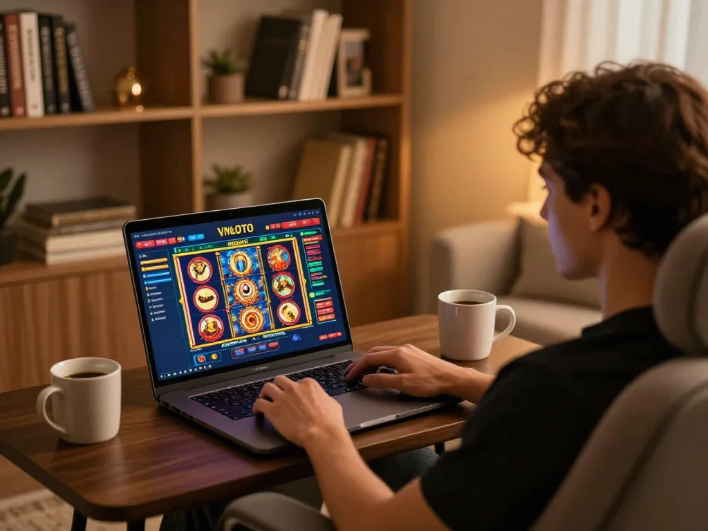 Engaging with VNLOTO's online casino gaming platform in a cozy home setting.
