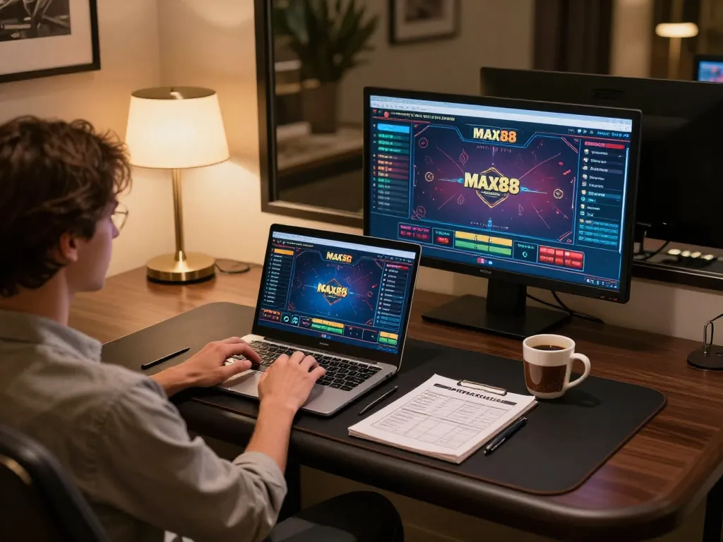 Engaging in strategic online poker at MAX88 in a modern home setting