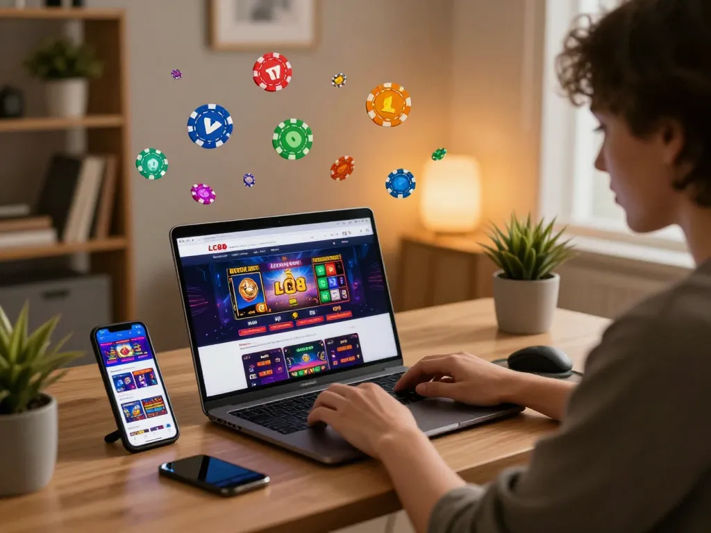 Playing games on LC88 online casino platform with a laptop and smartphone for a casual gambling experience