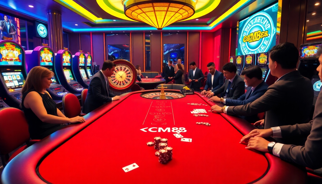 Experience thrilling gambling at CM88 casino with vibrant tables and players.