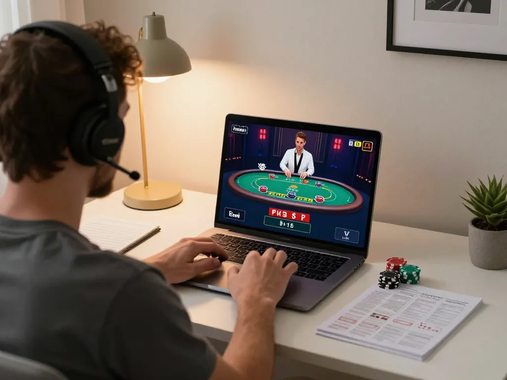 Pemain V87 terlibat dalam blackjack langsung online, menunjukkan pengalaman bermain yang dinamis dengan catatan strategi.