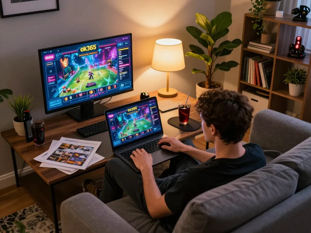 Engaging with ok365 online casino on a laptop in a cozy home setting