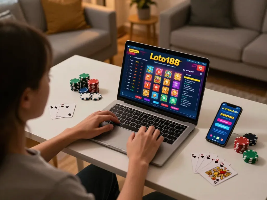 Engaged player utilizing loto188 for online gaming with laptop and smartphone in cozy home setup