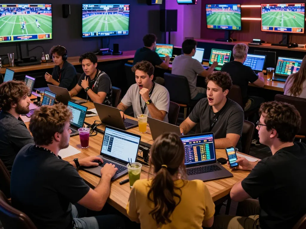 Engaging sports fans placing bets with fly88 app in a lively sports bar setting.