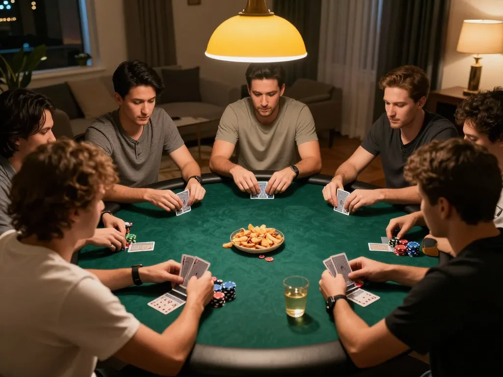 CK444 players strategizing in an engaging home poker night setting with friends.