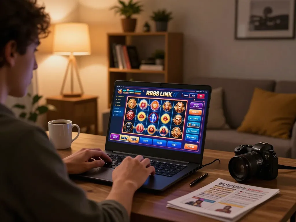 Engaging player using RR88 LINK for online gaming on a laptop, cozy home atmosphere with gaming strategy notes.