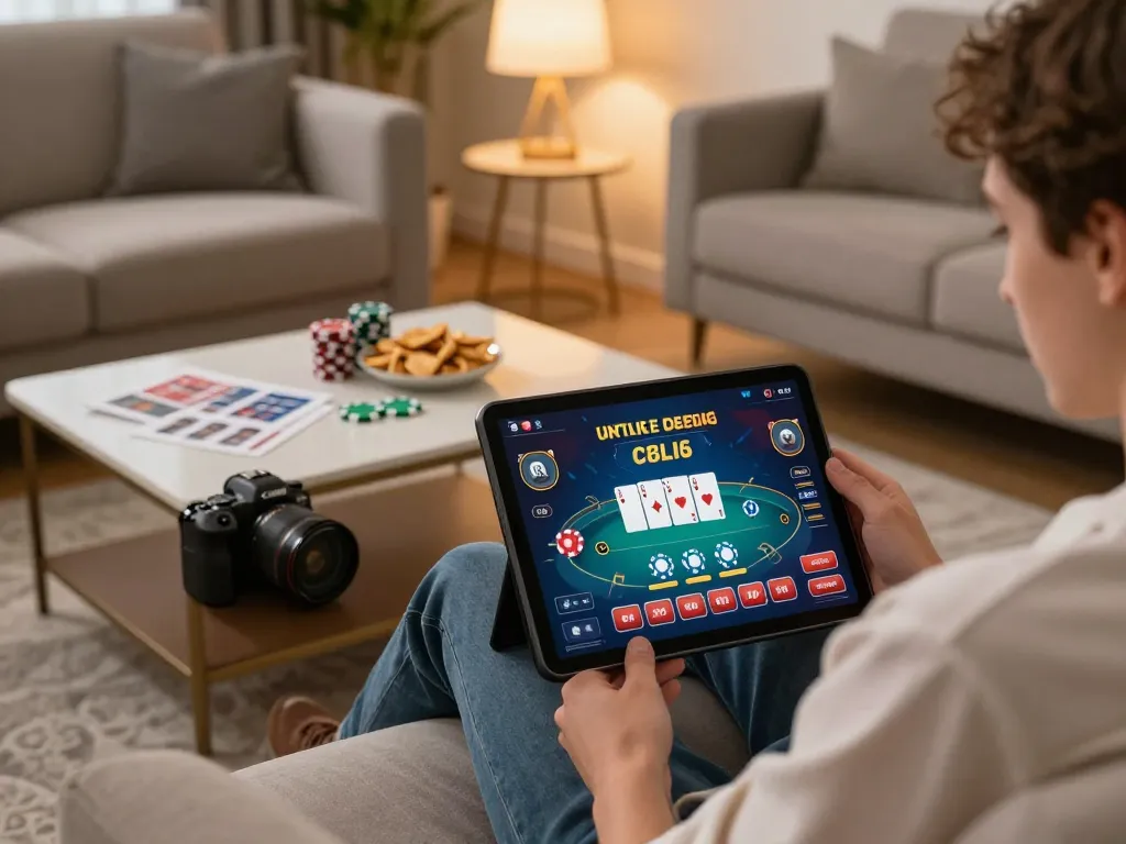 Player engaging with one88on online casino game on tablet, showcasing a dynamic poker interface in a cozy home setting.