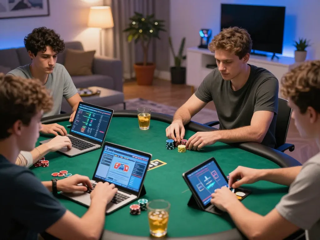 Players enjoying an intense dn88 poker game online, showcasing focus and strategy in a cozy setting.