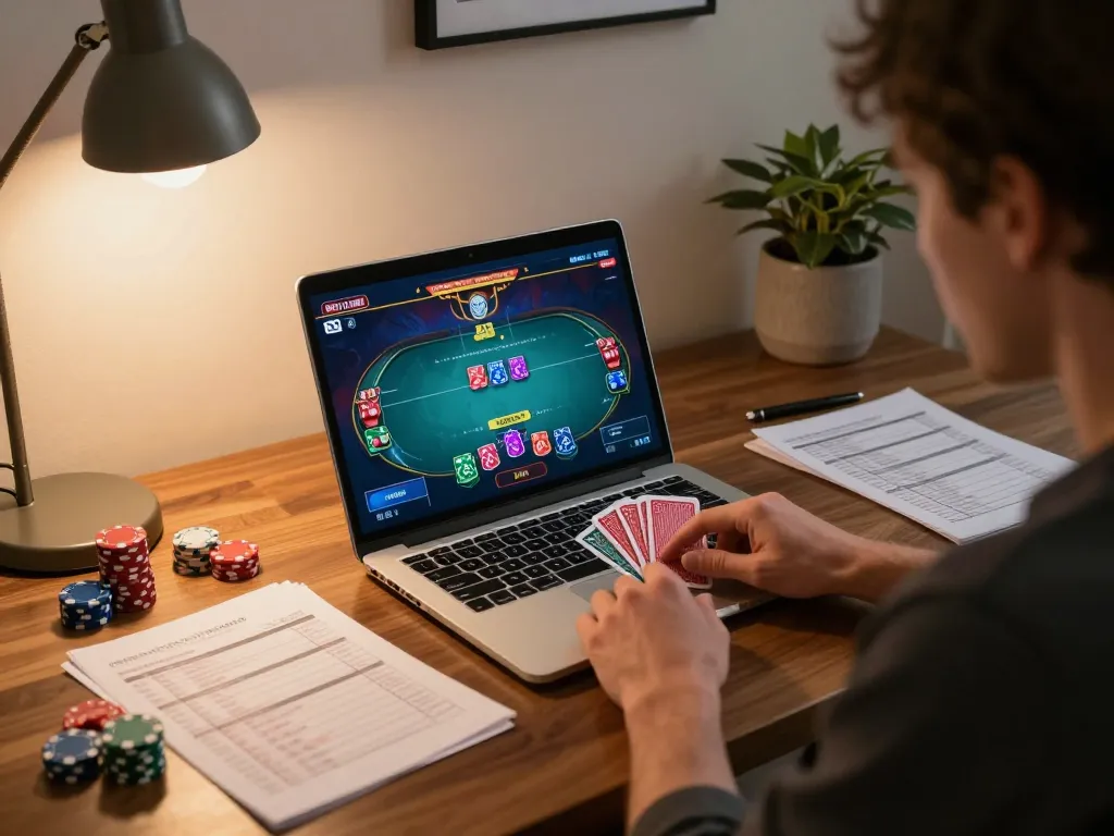 Player engaging in online poker on vsc10, with laptop displaying strategic gameplay and notes visible.