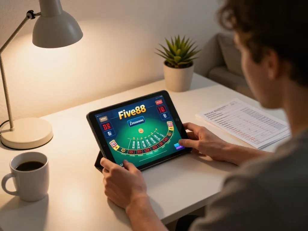Engaged player enjoys live dealer blackjack at Five88 casino on a tablet, emphasizing mobile gaming strategy.