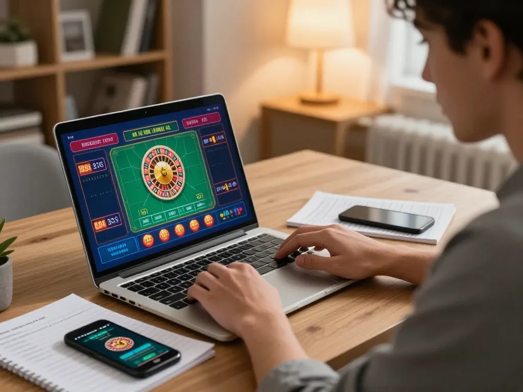 Player placing a bet in live online roulette game on a laptop, showcasing max88 gaming experience.