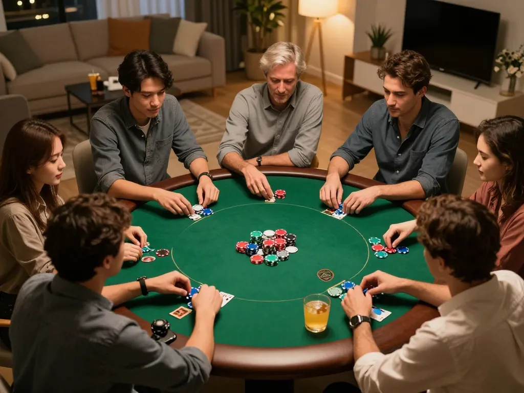 Bong88v players engaging in a lively poker game night, showcasing colorful chips and friendly competition.