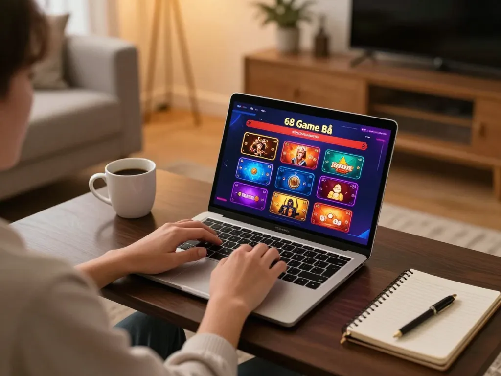 Playing 68 Game Bài on a laptop in a cozy setting, focusing on strategy and gaming.