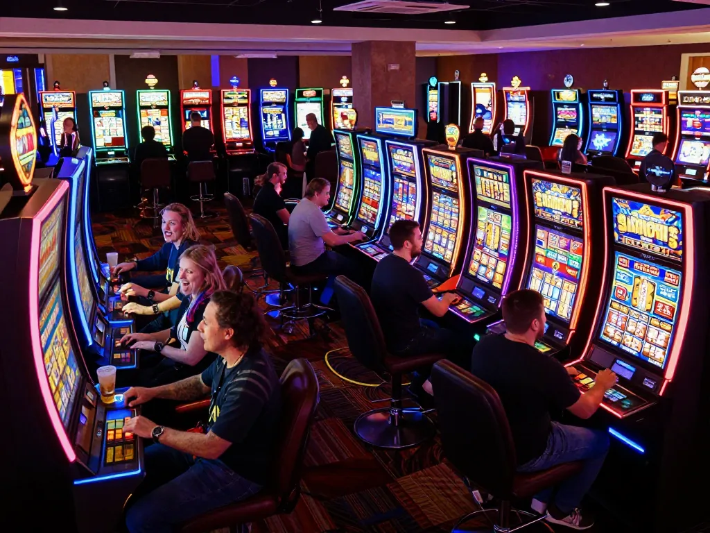 mmoo88 players eagerly spin colorful slot machines in a vibrant casino atmosphere.