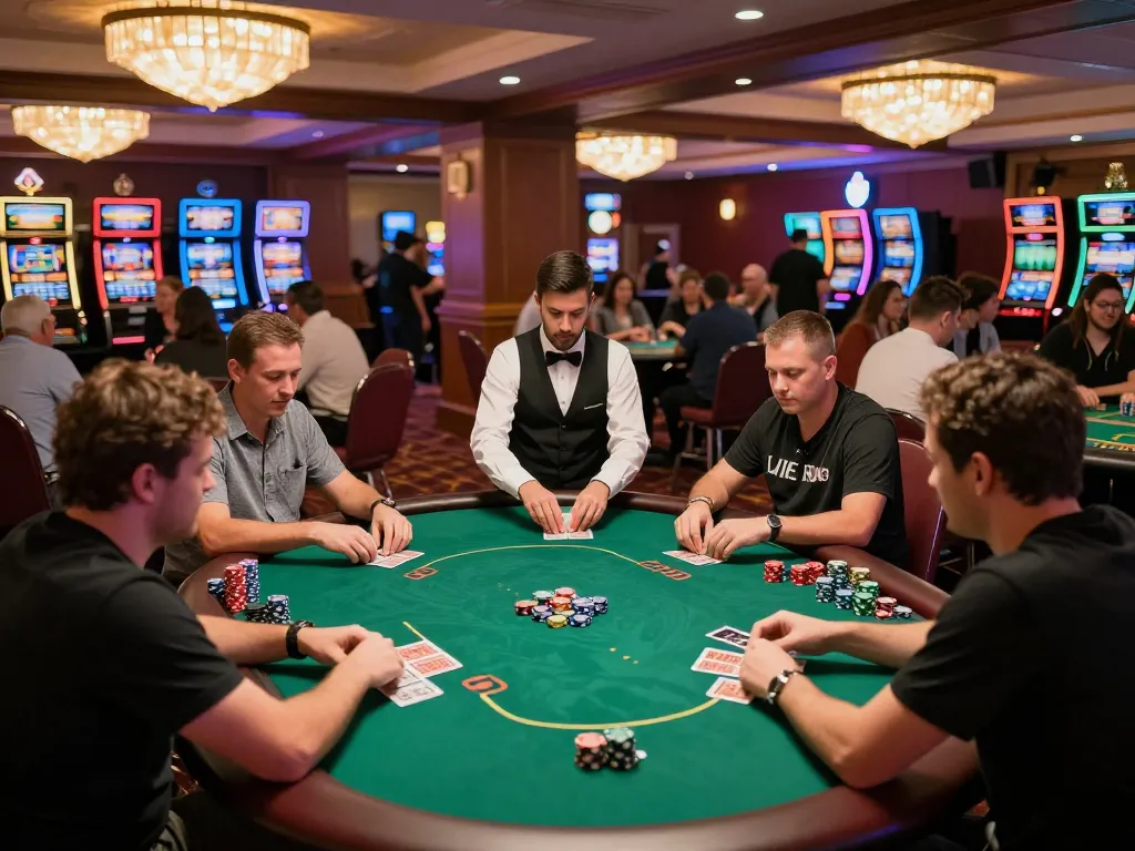 S666 casino gamers enjoying vibrant poker action at green felt tables in lively atmosphere.