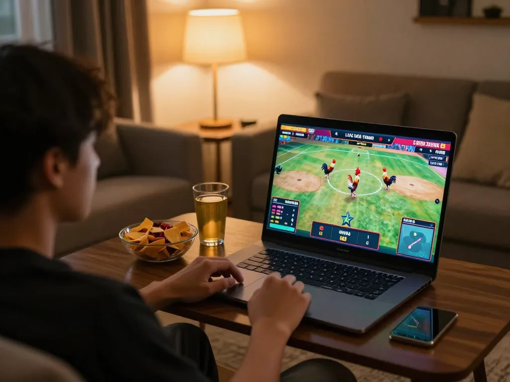 Watching a live đá gà thomo match on a laptop in a cozy home setting with snacks.