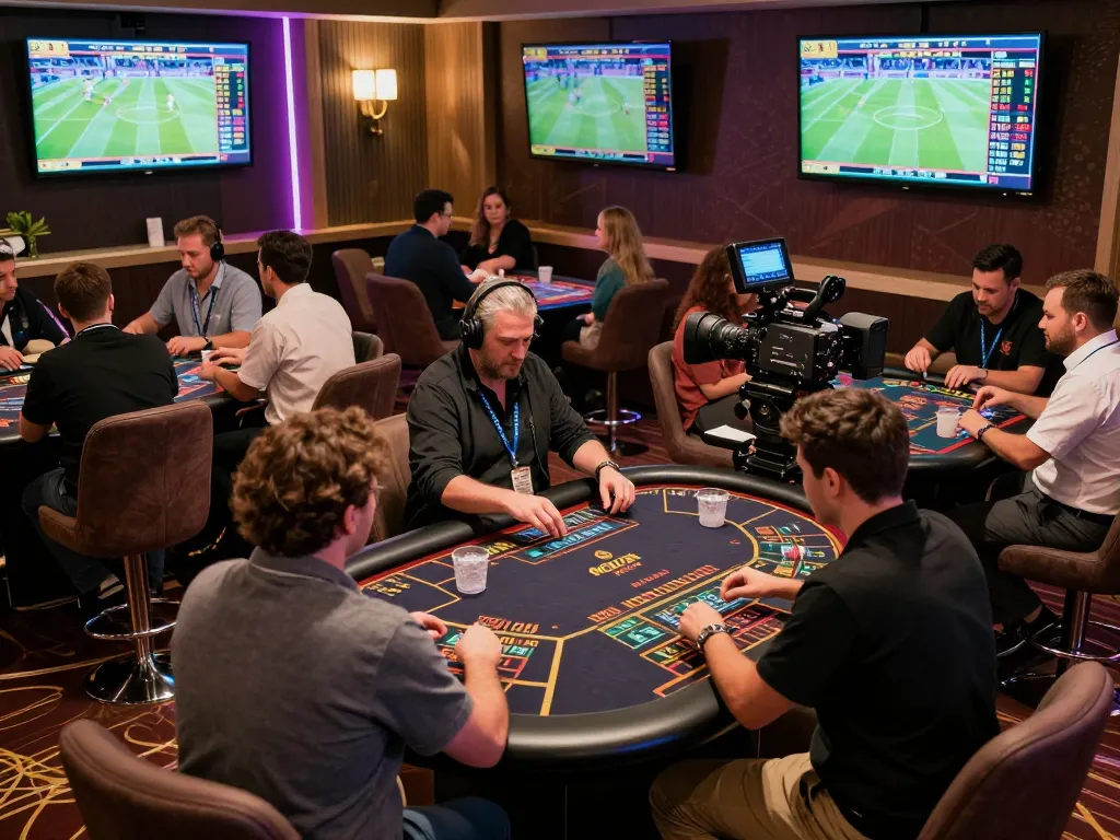 Players engaging in sports betting at 789 bet casino, vibrant atmosphere with live odds display.