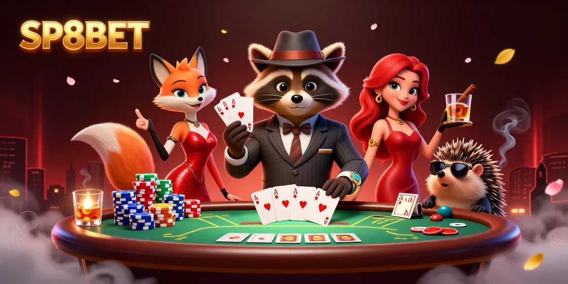 Experience the thrill of SP8BET gaming with a raccoon in a royal flush showdown and lively characters!