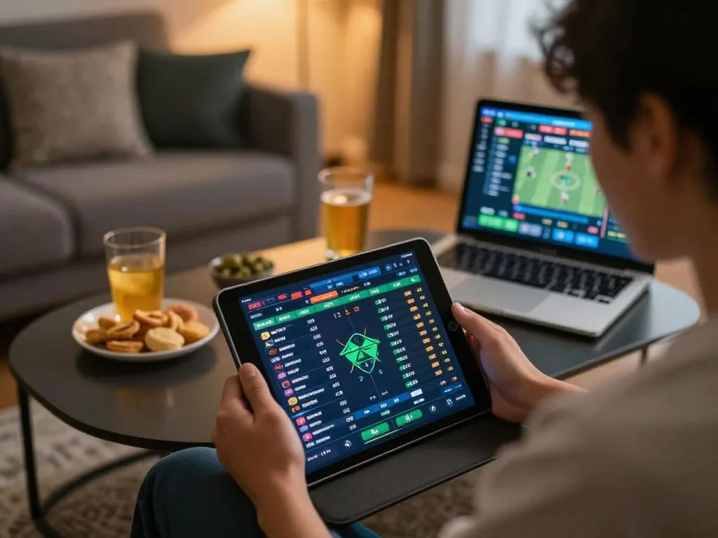 Engaging image of a user exploring kèo nhà cái odds on a tablet amidst a cozy betting environment.